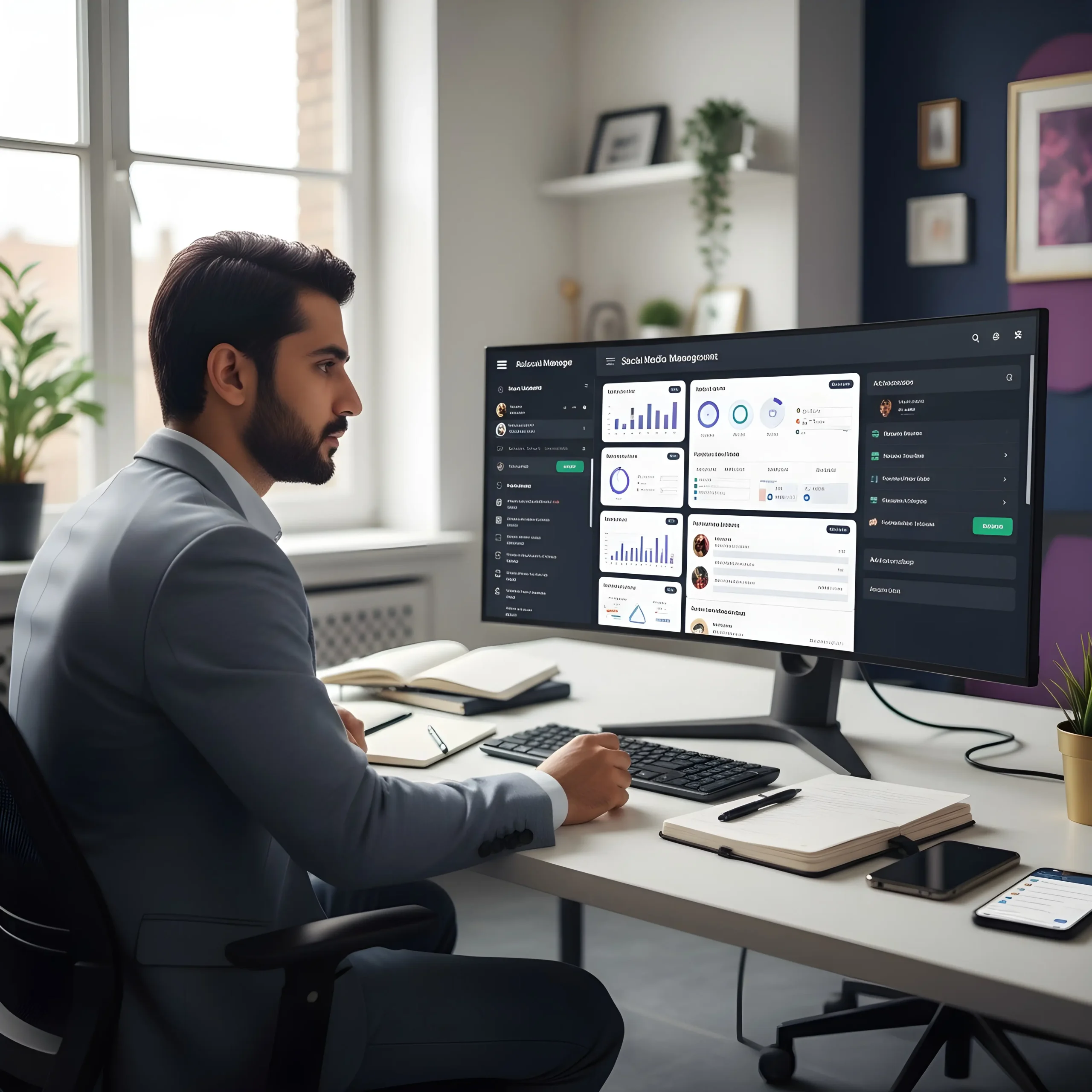Professional managing multiple social media accounts and monitoring performance