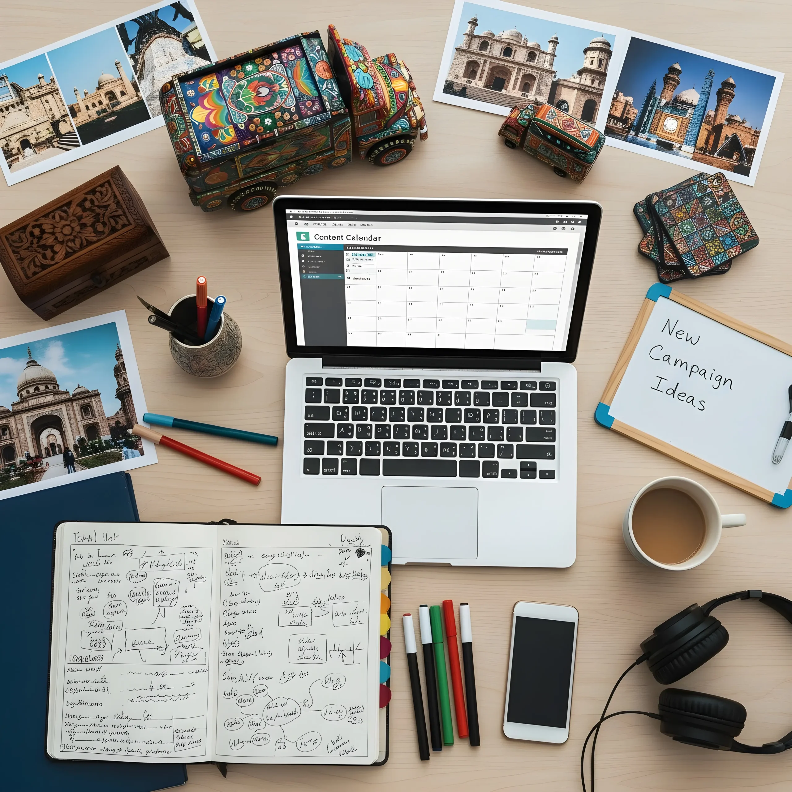 Content creation workspace showing planning and creative process