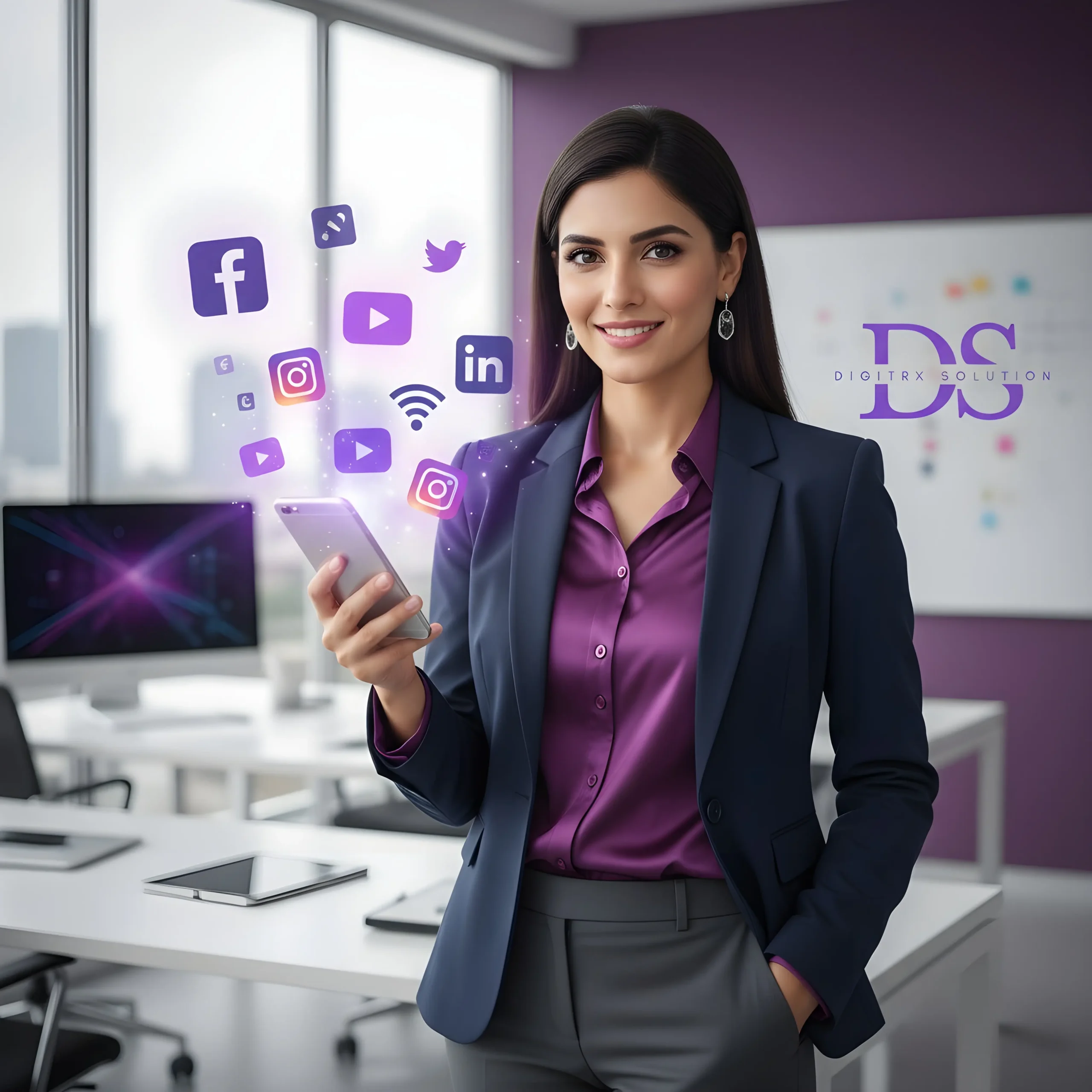 Professional woman showcasing digital marketing services with social media icons
