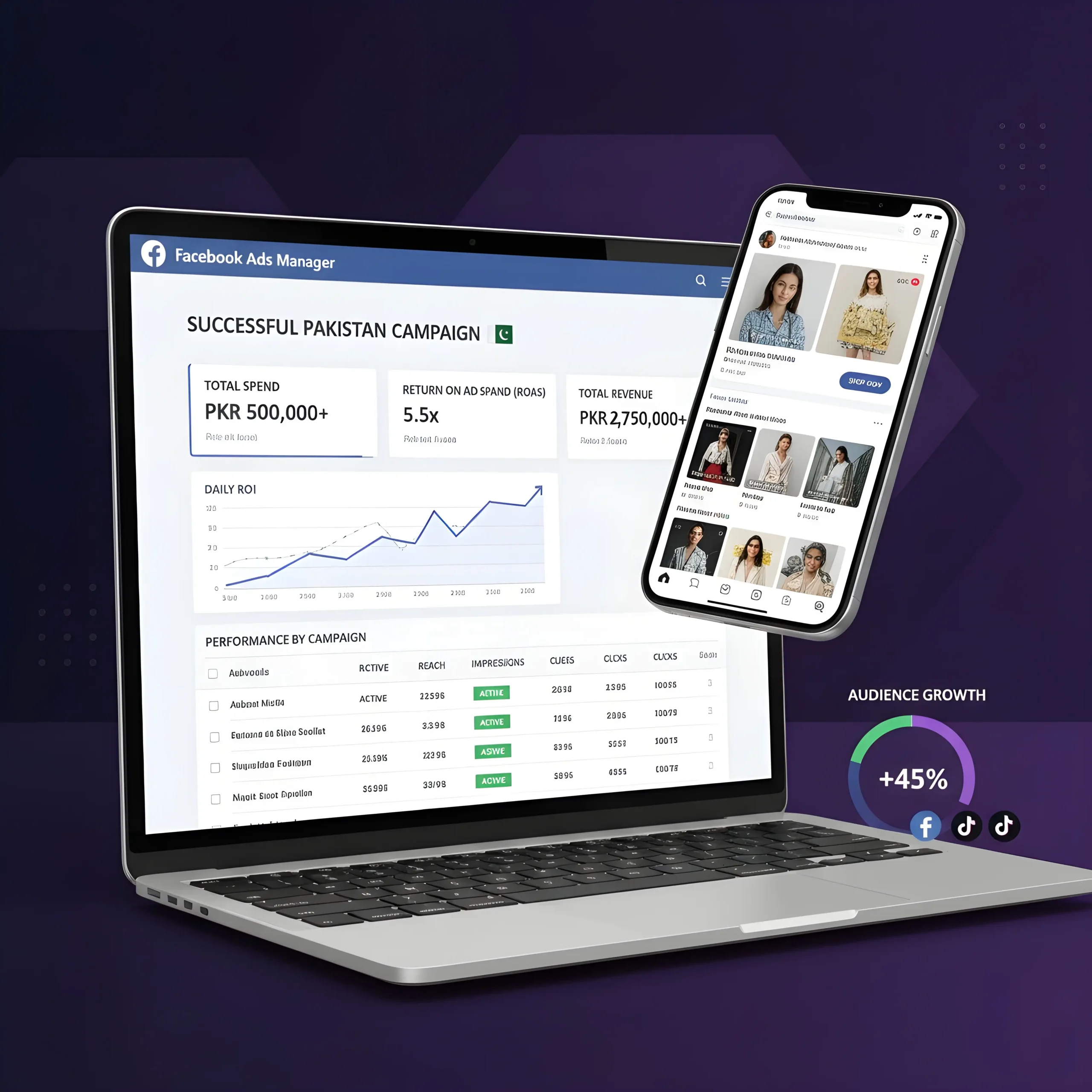 Facebook and Instagram advertising dashboard showing successful campaign results