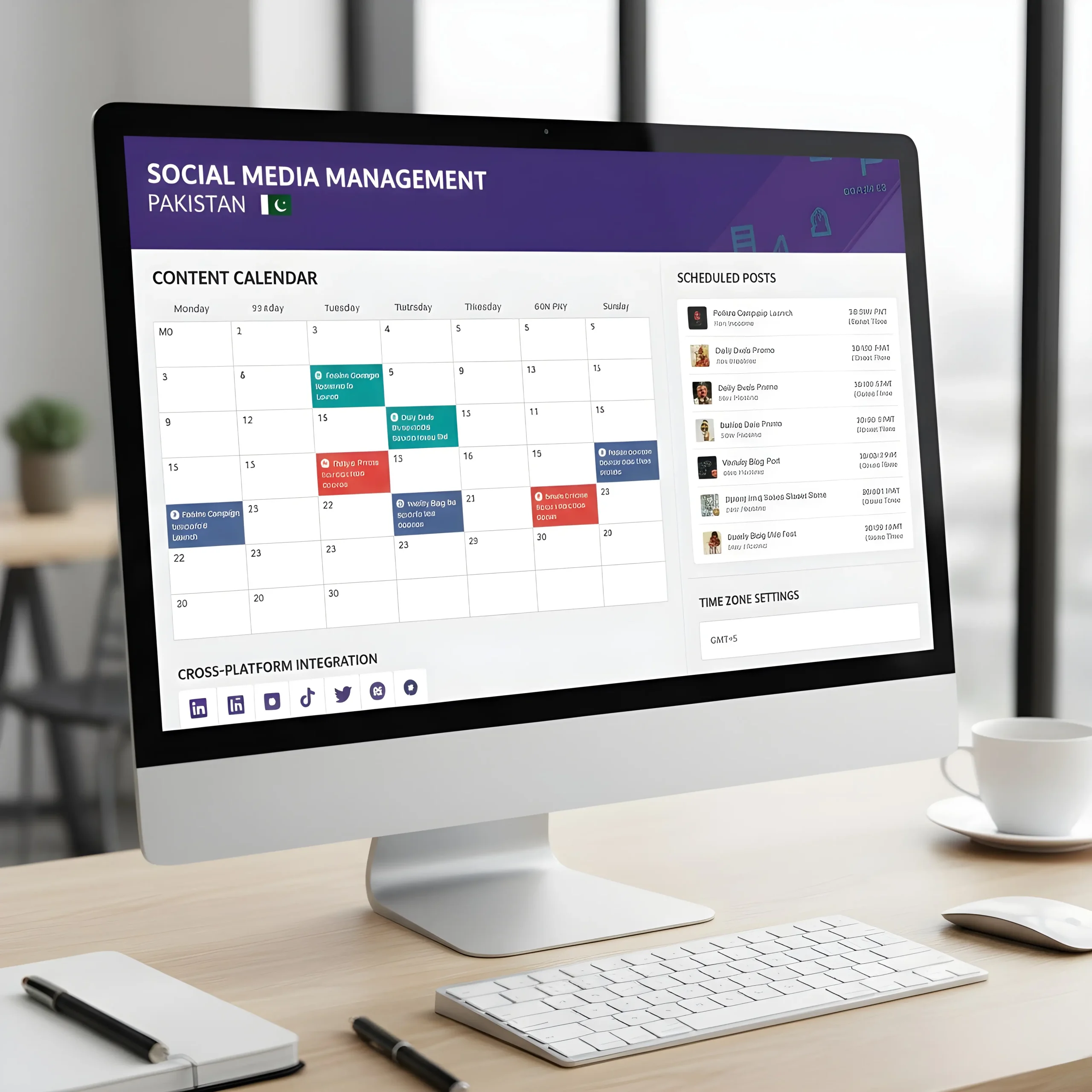 Content scheduling dashboard showing automated publishing across platforms