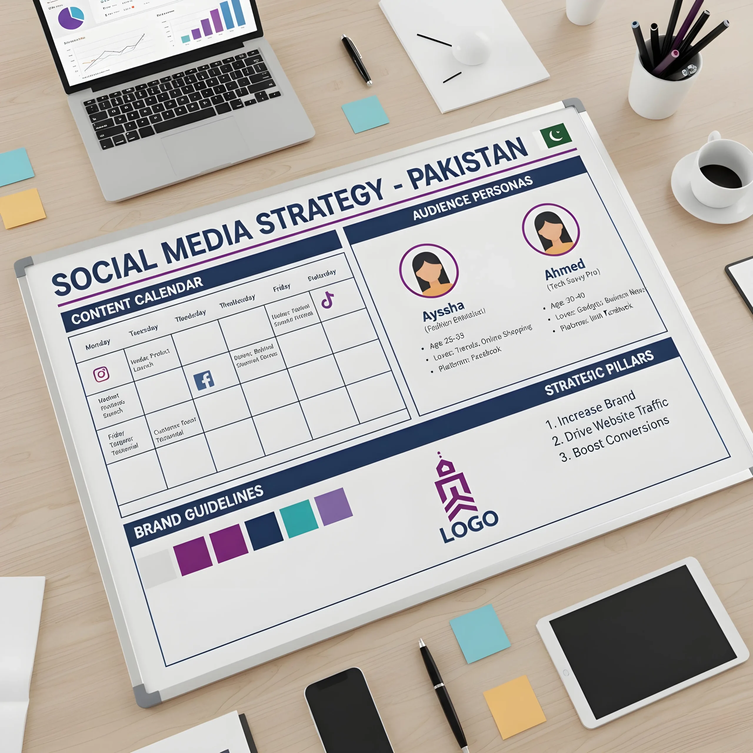 Strategic planning board showing social media strategy development process
