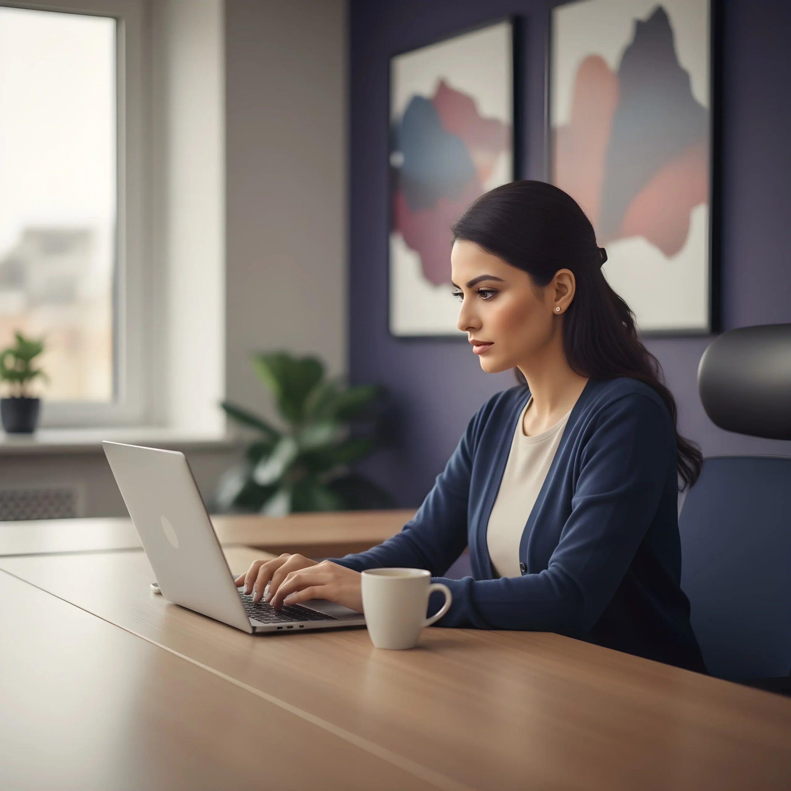 Tehmina Nazir working at her desk, showcasing dedication to client success