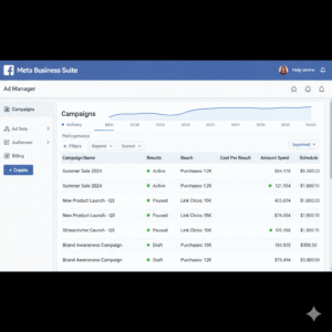 "Screenshot of the Meta Business Suite Ad Manager dashboard, showing the Campaigns view. The left navigation menu includes Campaigns, Ad Sets, Audiences, and Billing, with a button to Create a new campaign. The main area displays a line graph showing performance over time, and a table listing several campaigns with their Delivery, Results, Reach, Cost per Result, Amount Spent, and Schedule. Example campaigns include 'Summer Sale 2024' (Active, Purchases: 1.2K), 'New Product Launch - Q3' (Paused, Link Clicks: 15K), and 'Brand Awareness Campaign' (Draft, Purchases: 15K)."