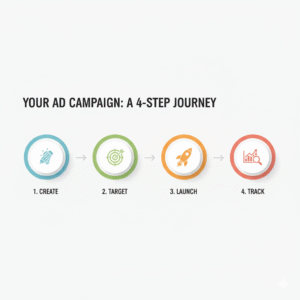 An infographic titled "YOUR AD CAMPAIGN: A 4-STEP JOURNEY." It displays four circular icons arranged horizontally, each representing a step in the process with an arrow pointing to the next. CREATE: A light blue circle with a pencil icon inside. TARGET: A green circle with a target icon inside. LAUNCH: An orange circle with a rocket icon inside. TRACK: A red circle with a magnifying glass over a bar chart icon inside. All icons are simple and clearly illustrate the step they represent. 
