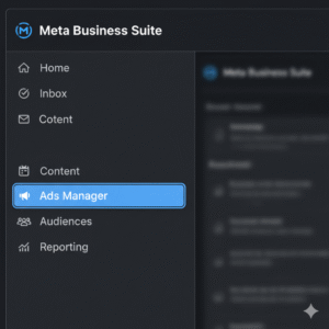 Screenshot of the Meta Business Suite Ad Manager dashboard. The primary left navigation menu is visible and features the links 'Campaigns' (currently selected and highlighted), 'Ad Sets', 'Audiences', and 'Billing'. The title 'Ad Manager' is prominently displayed directly under the 'Meta Business Suite' logo.