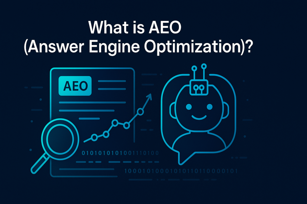 What is AEO (Answer Engine Optimization) concept illustrated with AI chatbot, search analytics, and optimization icons on a digital blue background.
